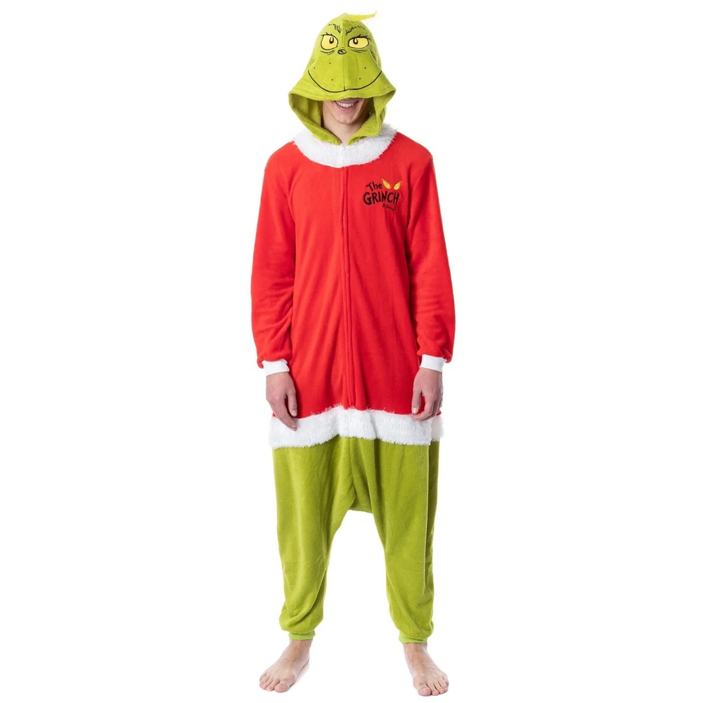 Dr Seuss The Grinch Santa Pajamas Adult Small Red Green Hooded NWT